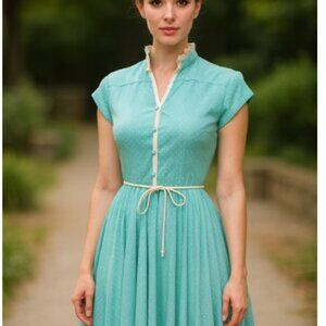 Queen’s Row Womens Vintage 70s Green White Polka Dot Dress Pleated Skirt Size 12